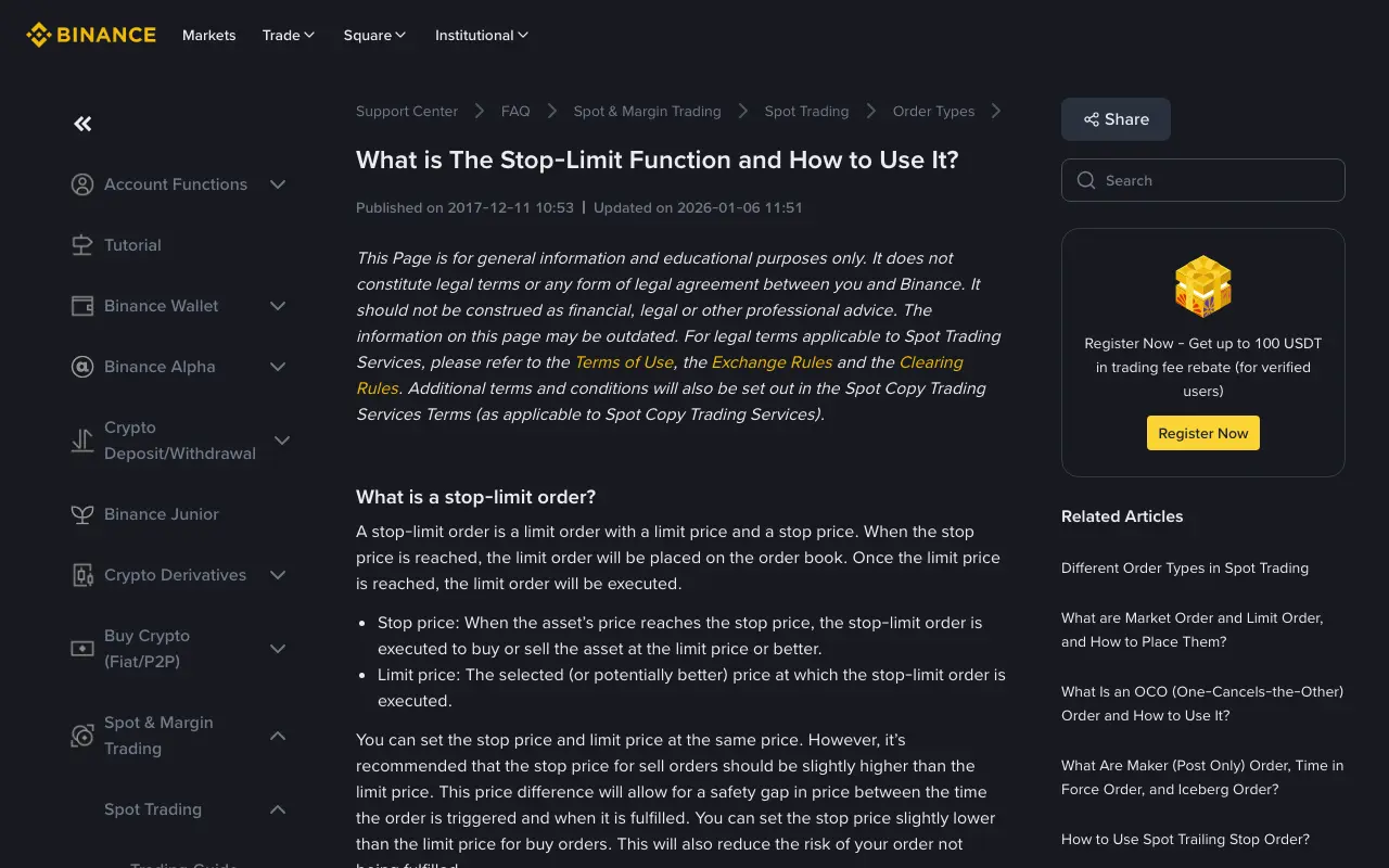 Binance's public Stop-Limit help page showing its explanation of the stop price, limit price, and order-book submission