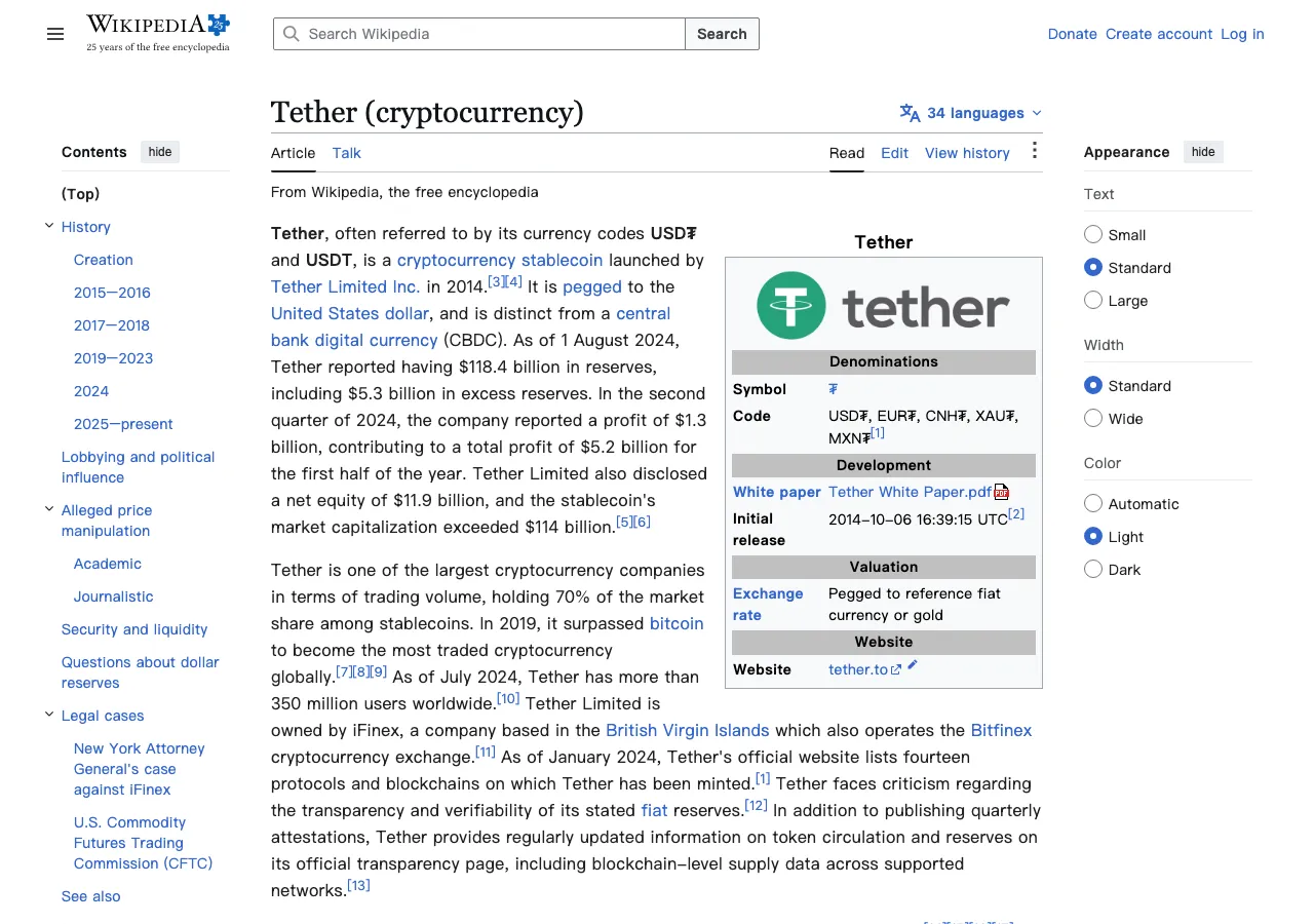 维基百科 Tether(USDT)条目:稳定币多协议发行背景(公开资料截图)