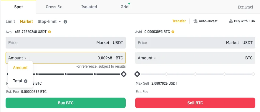 Binance Help Center screenshot of the Spot Market order form, showing the Amount or Total selector and an estimated fee in BTC